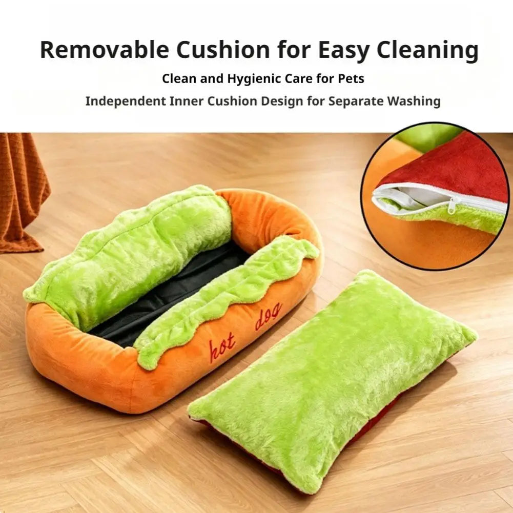 Hot Dog Shape Pet Bed – Soft Plush Lounger for Dogs & Cats Pet Bed SWANS