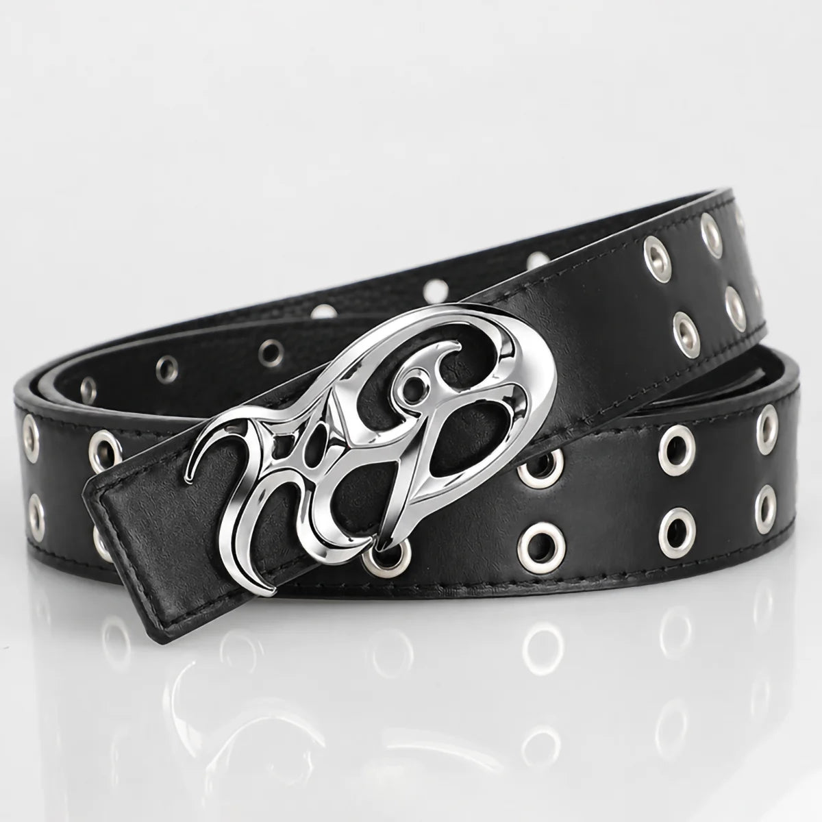 Y2K Punk Eyelet PU Belt – Flame Buckle Unisex Streetwear Punk Fashion Belt SWANS Silver buckle black 110cm
