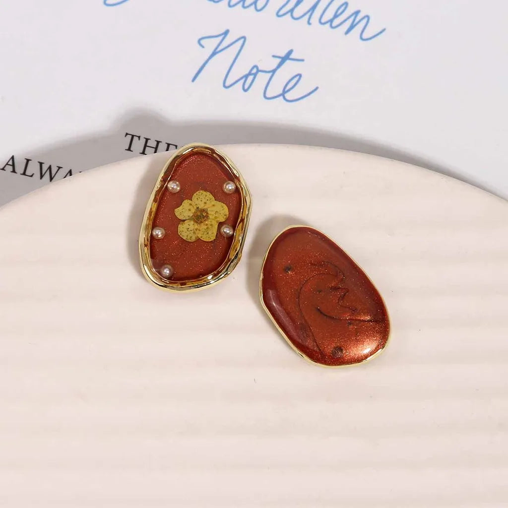 Oval Resin Dried Flower Earring Finding – DIY Jewelry Component Earring Finding SWANS Dark Orange