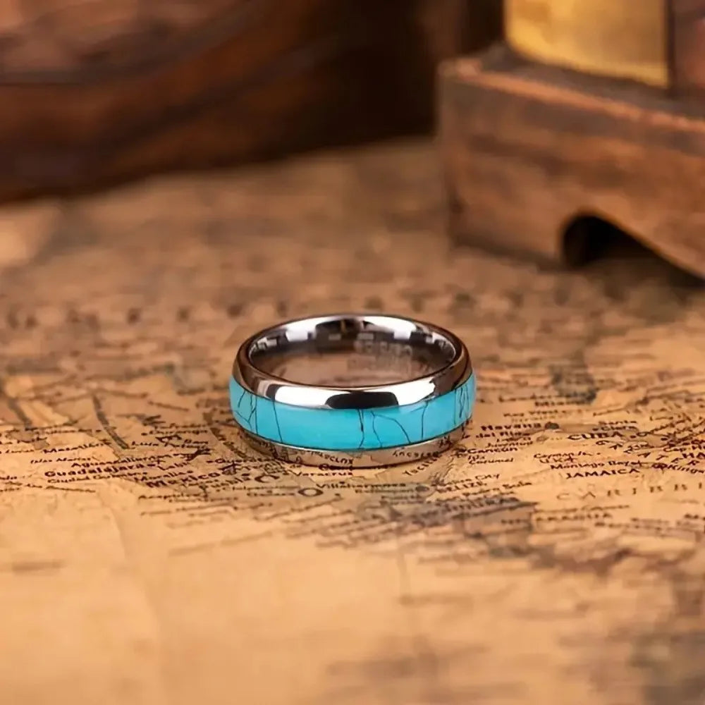 Blue Turquoise Inlay Stainless Steel Ring 8mm – Men & Women Fashion Ring SWANS