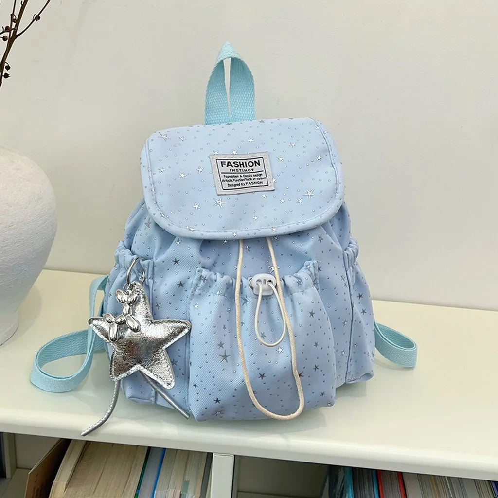 Women's Star Print Canvas Flap Backpack – Casual Daypack Canvas Flap Backpack SWANS D-with pendant