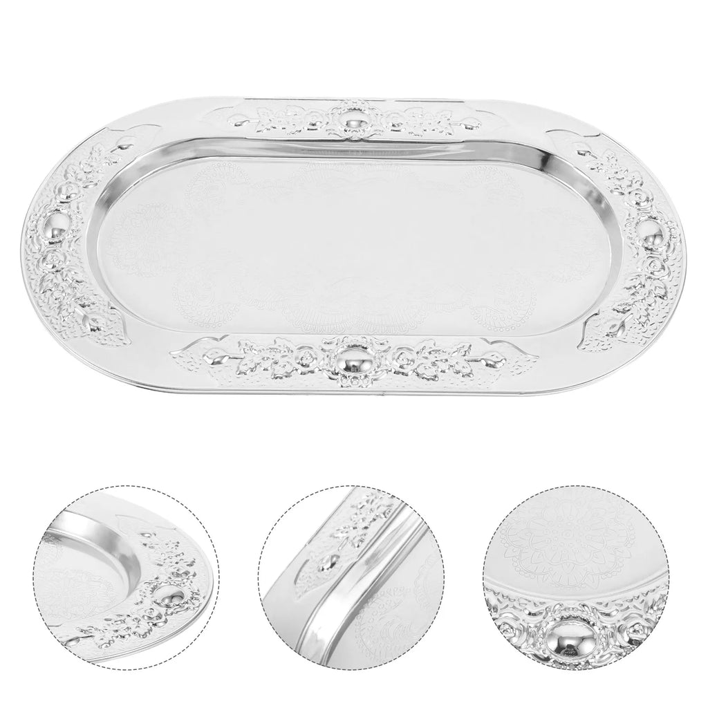 Silver Embossed Metal Serving Tray 11.4" x 6.3" | Dessert Platter Decorative Serving Tray SWANS Default Title