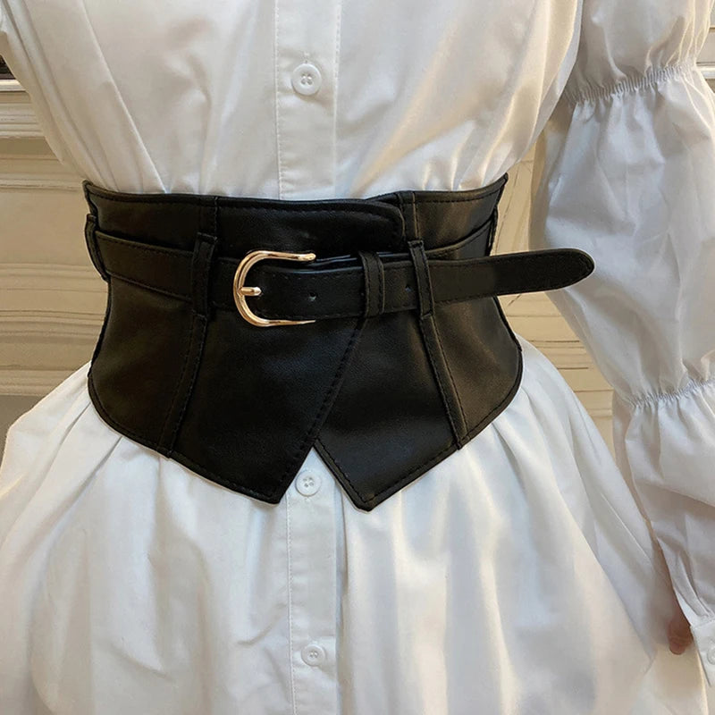 Women's Wide Elastic Corset Belt – PU Leather Waist Cincher Wide Corset Belt SWANS black Elastic