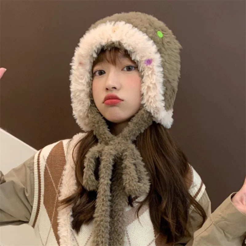 Women's Winter Plush Ear Flap Beanie – Faux Fur Knit Cap Winter Beanie Hat SWANS