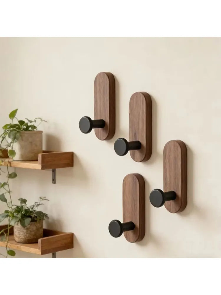 Self-Adhesive Walnut Wood Wall Hooks – No-Drill Organizer Wall Hooks Organizer SWANS