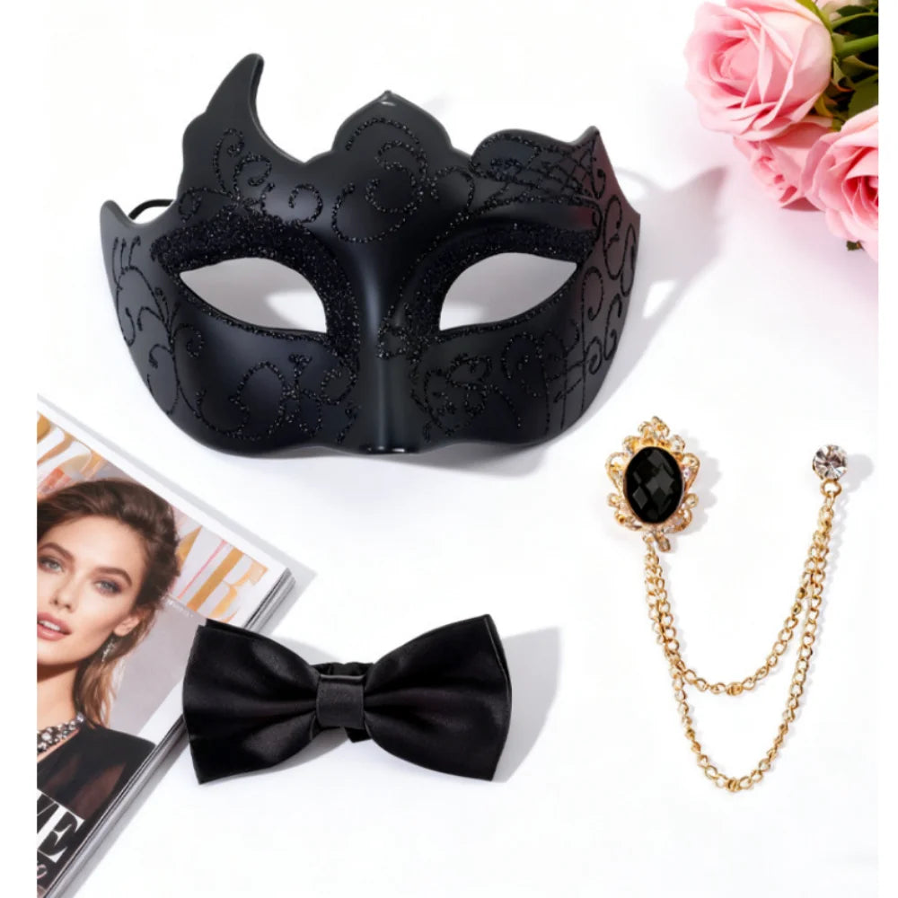 3-Piece Masquerade Mask Set – Half-Face Painted Bow Tie & Brooch Masquerade Mask Set SWANS