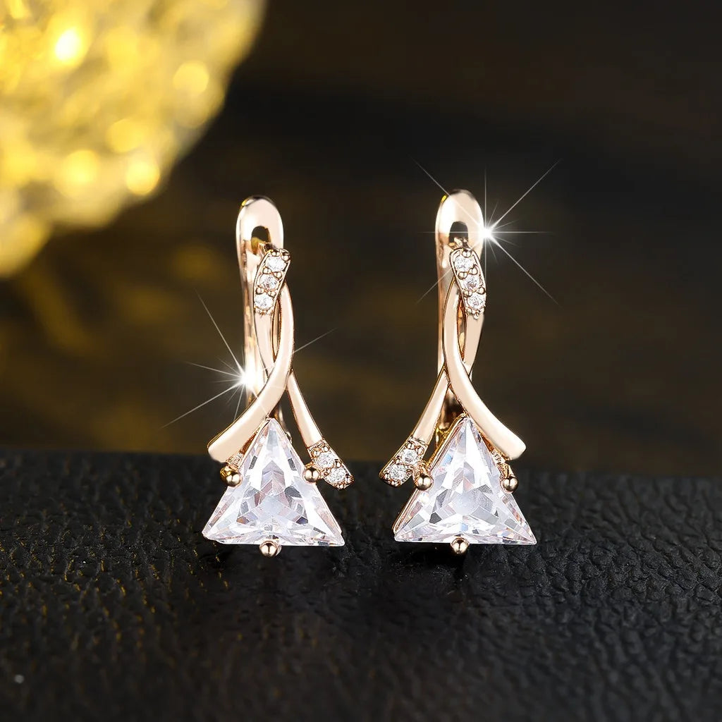 Rose Gold CZ Triangle Dangle Earrings for Women | Geometric Dangle Earrings SWANS Clear White