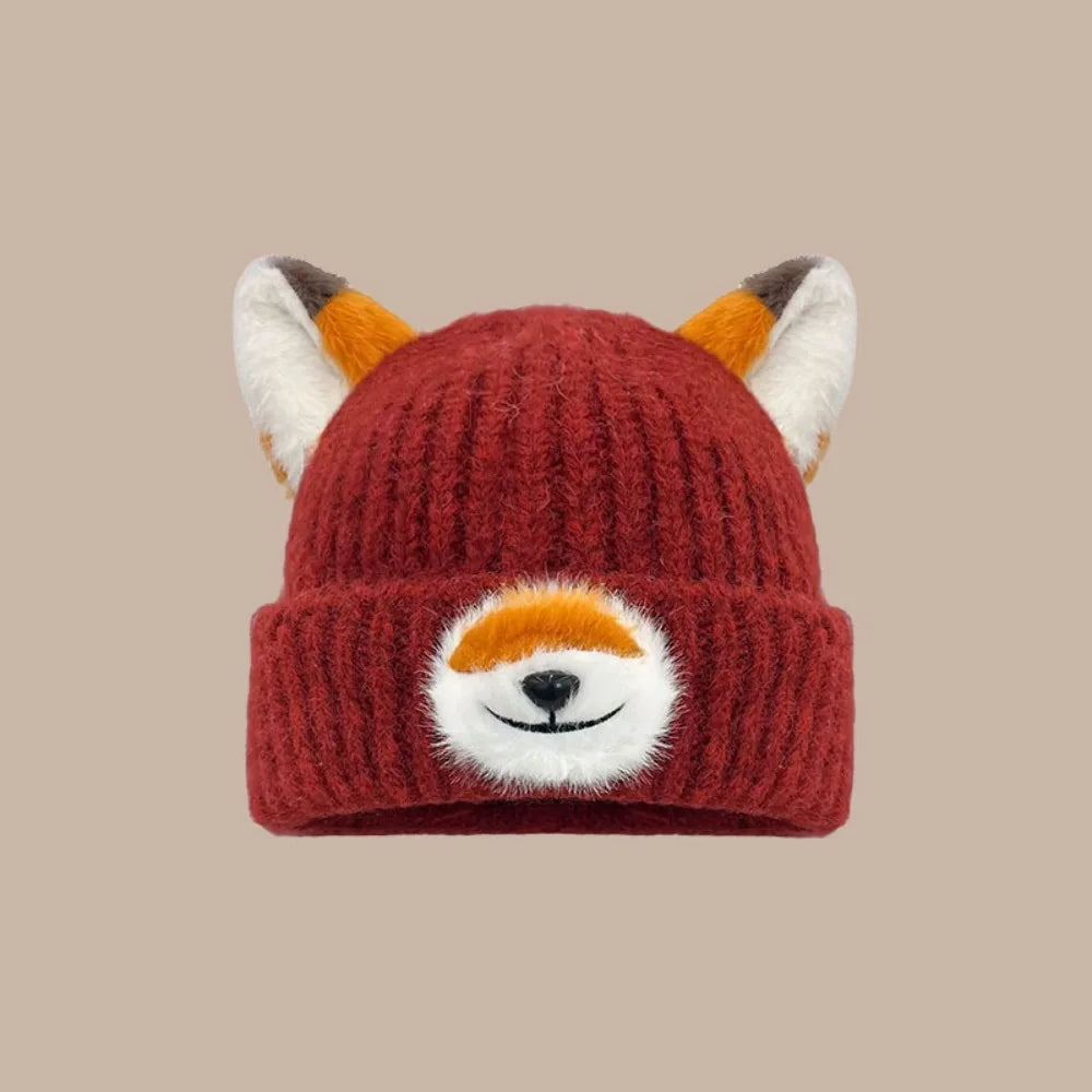 Y2K Fox Ears Beanie – Warm Thickened Knit Winter Hat Unisex Knit Beanie Hat SWANS Red
