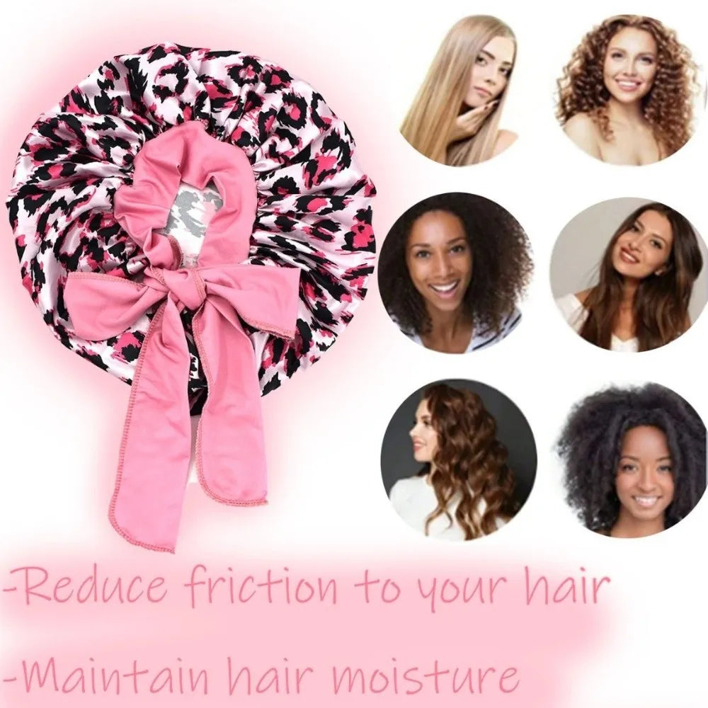 Satin Sleep Bonnet Leopard Print Bow Hair Cap – 5 Colors Satin Sleep Bonnet SWANS