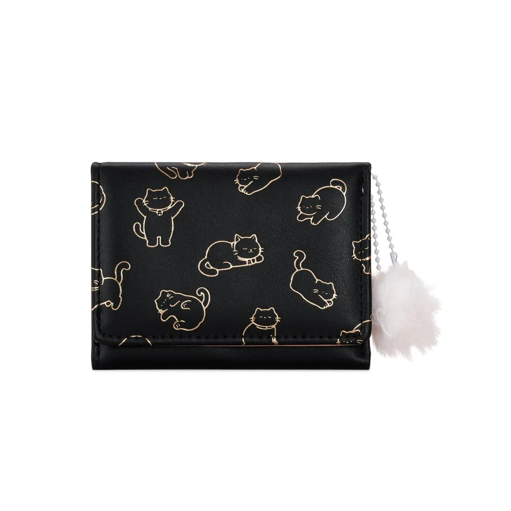 Women's Tri-Fold PU Wallet – Cute Cat Pom Pom Card Purse Women's Wallet SWANS Black