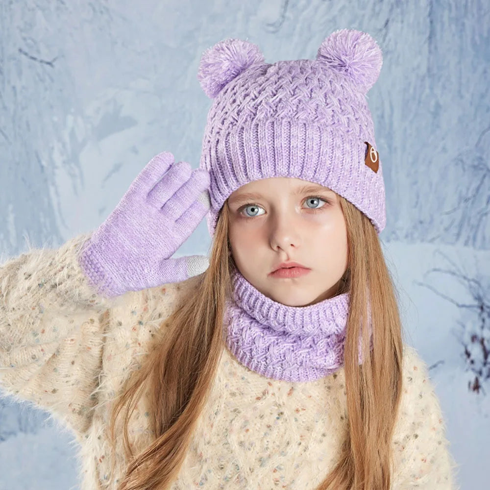 Kids Winter Knit Beanie Hat, Gloves & Scarf Set with Pom Fleece Kids Winter Accessory Set SWANS Purple