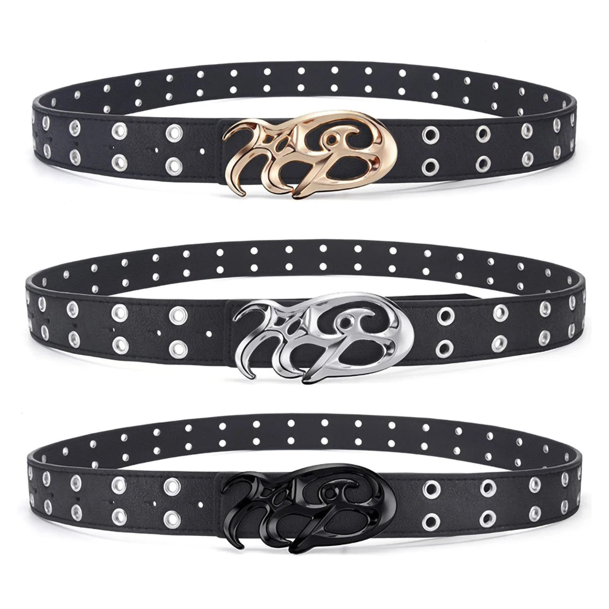 Y2K Punk Eyelet PU Belt – Flame Buckle Unisex Streetwear Punk Fashion Belt SWANS