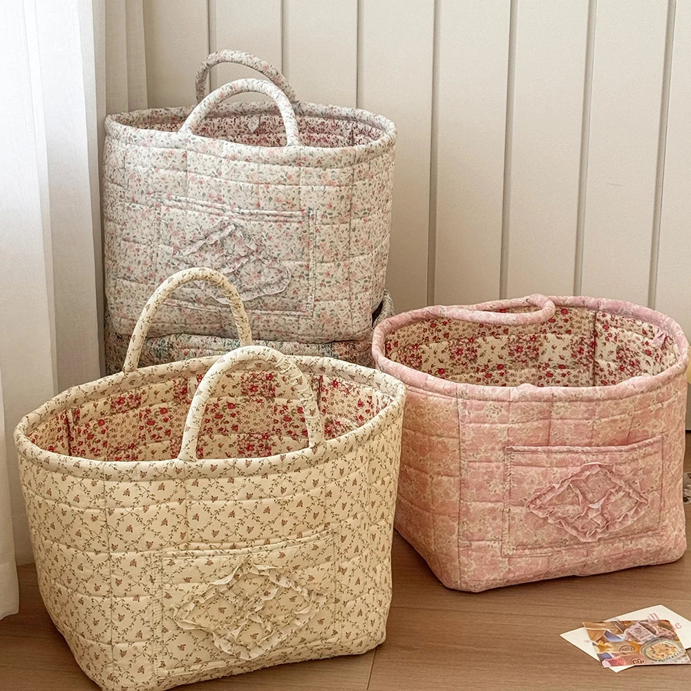 Vintage Floral Quilted Foldable Storage Basket with Handle Fabric Storage Basket SWANS