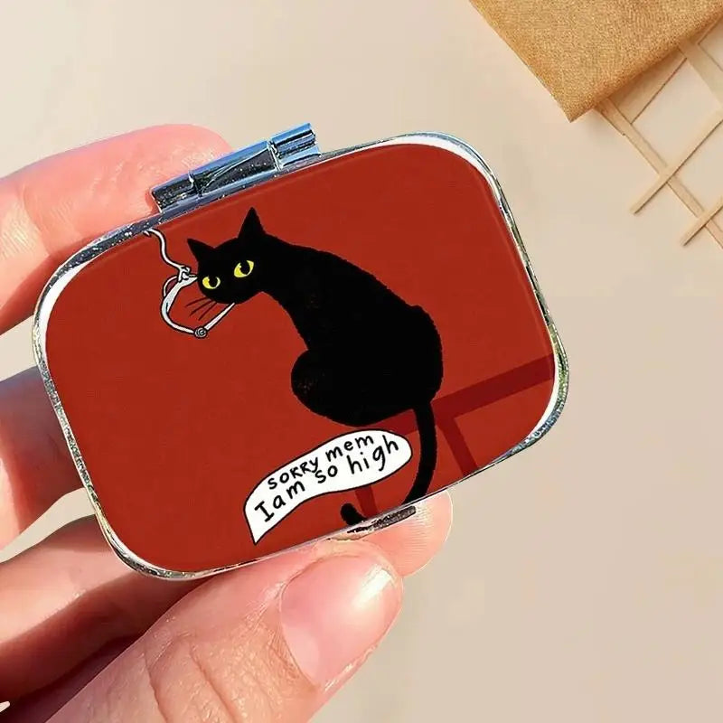 Funny Black Cat Metal Pill Box – 2-Grid Mini Travel Organizer Mini Pill Organizer SWANS