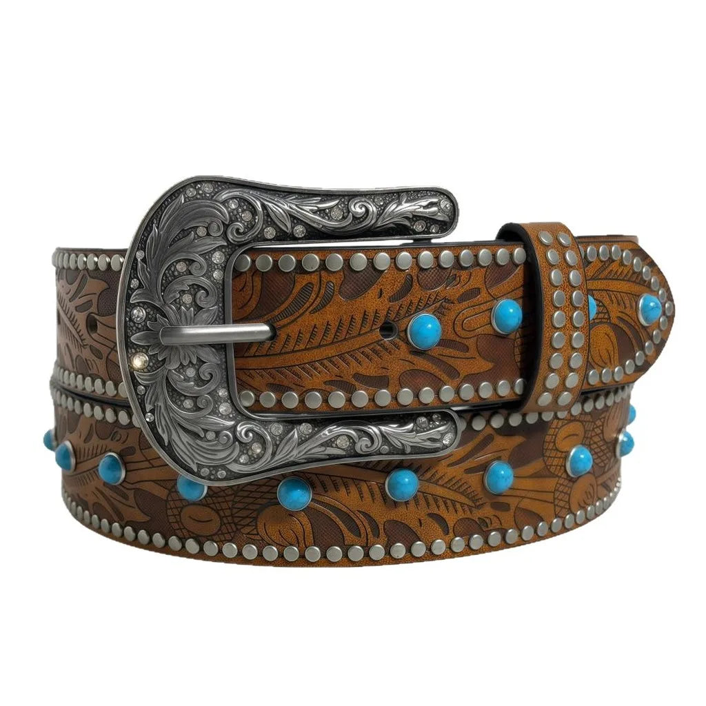 Women's Retro Embossed PU Leather Boho Belt – Pin Buckle Women's Fashion Belt SWANS Brown Yellow Black 115CM