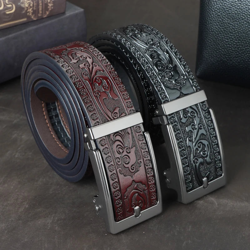 Men's Embossed Split Leather Belt – Adjustable Buckle | 3.5cm Men's Leather Belt SWANS