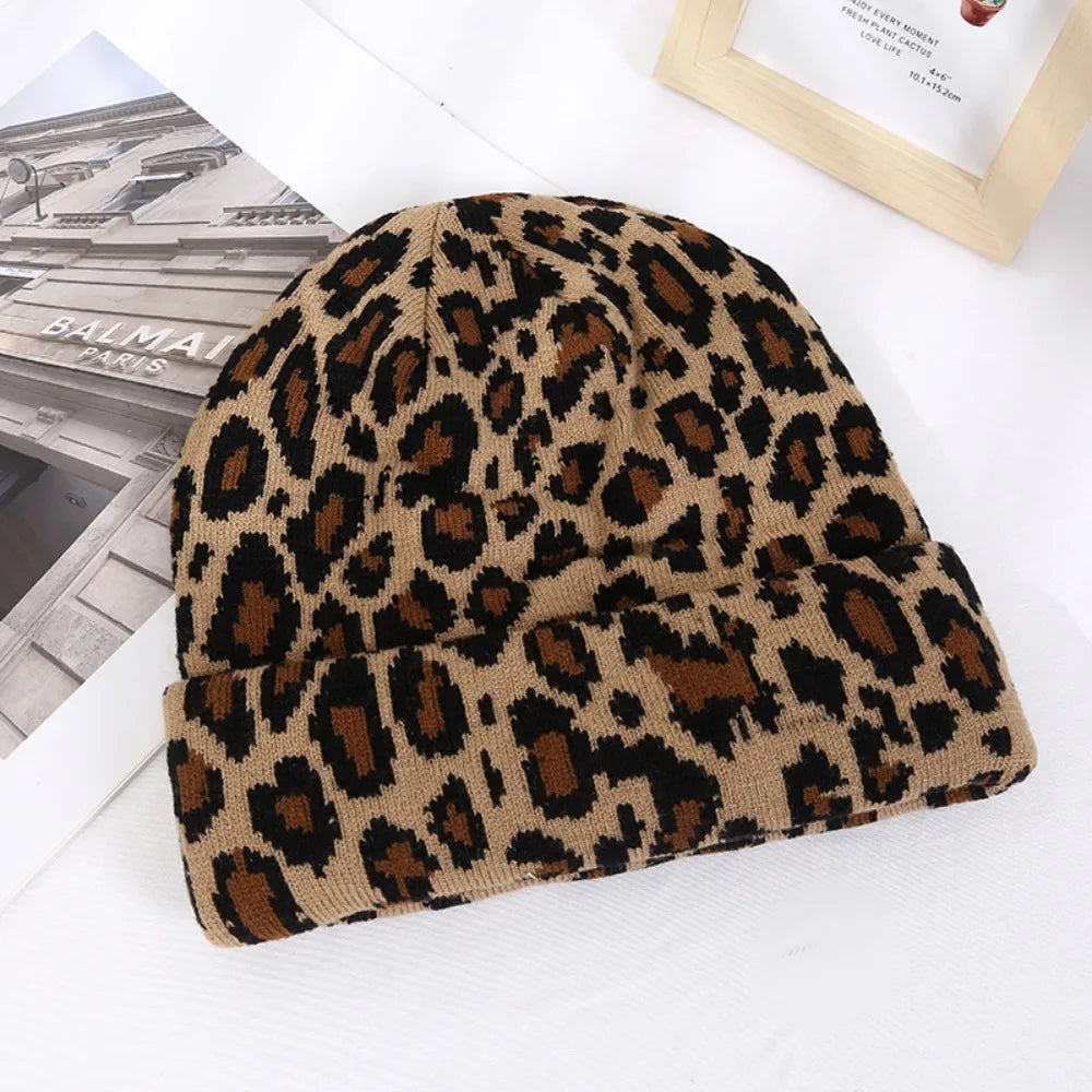 Y2K Leopard Knit Skullcap – Unisex Brimless Beanie Hat Knit Beanie Hat SWANS Khaki