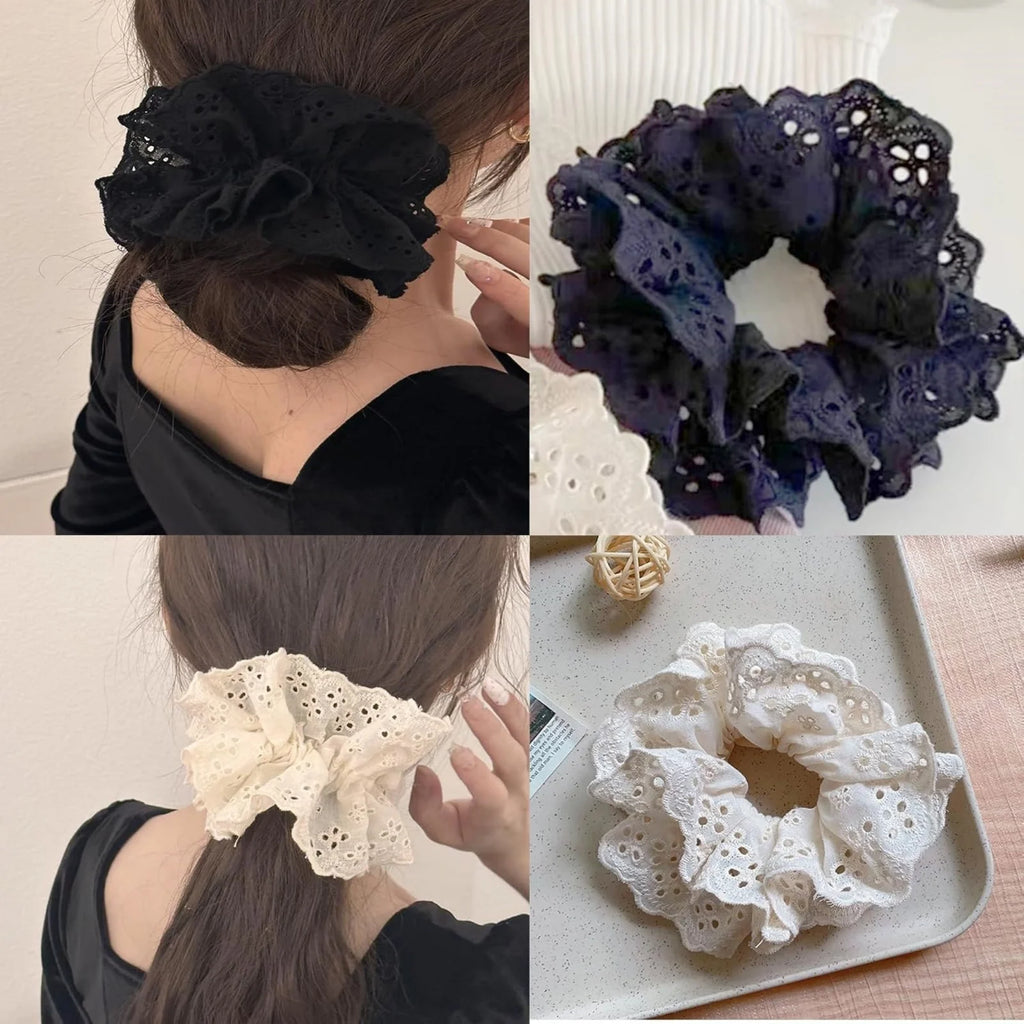 Elegant Lace Scrunchies White & Black – Hair Ties for Women Lace Hair Scrunchie SWANS