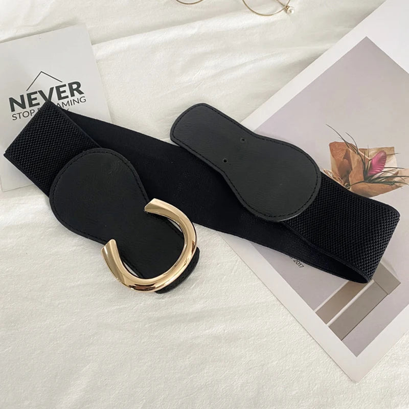 Women's Wide Elastic Belt – Black PU Leather Gold Buckle Wide Waist Belt SWANS