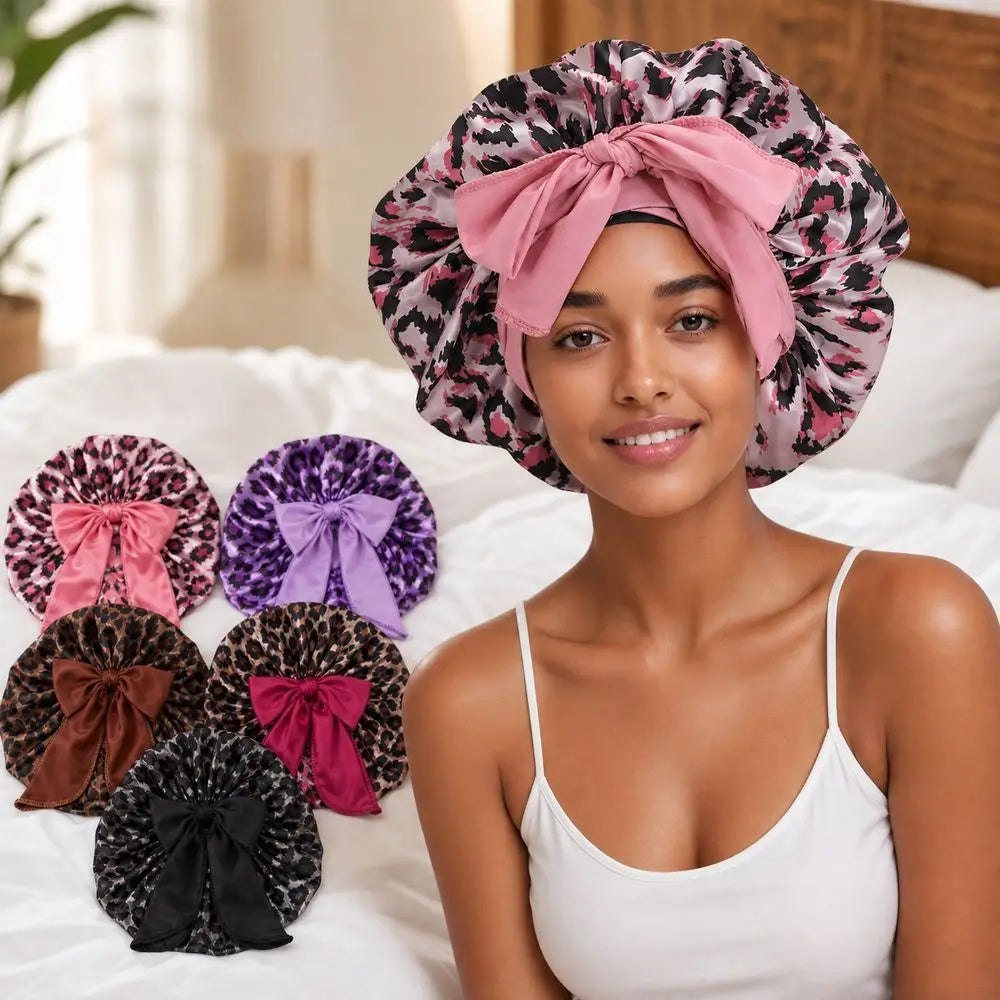 Satin Sleep Bonnet Leopard Print Bow Hair Cap – 5 Colors Satin Sleep Bonnet SWANS