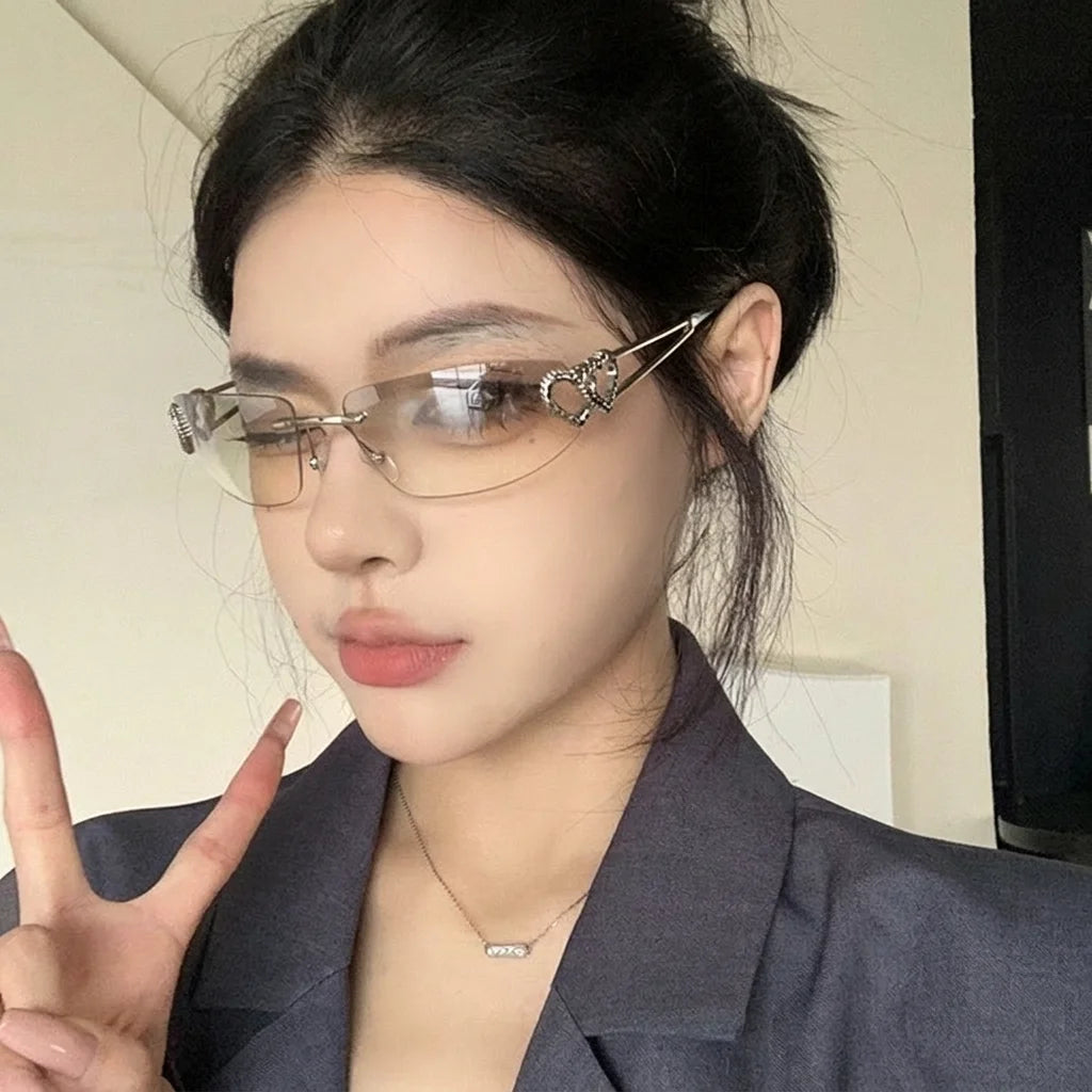 Women's Y2K Rimless Cat Eye Sunglasses UV400 | Heart Detail Fashion Sunglasses SWANS
