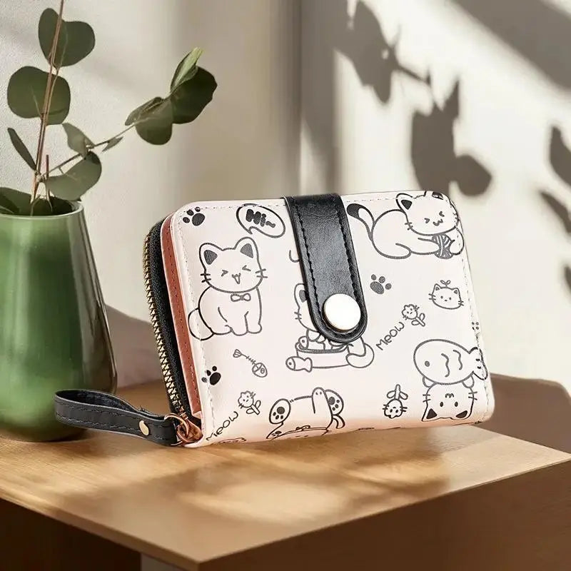 Lovely Cat PU Leather Folding Wallet – Women's Zipper Purse Folding Zipper Wallet SWANS