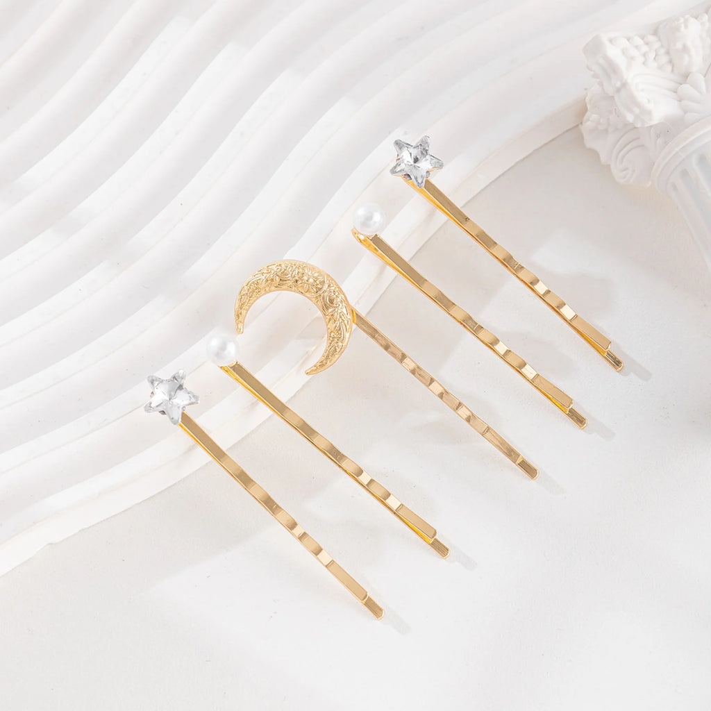 8-Pack Celestial Moon Star Faux Pearl Hair Pins – Gold Tone Hair Barrettes Set SWANS