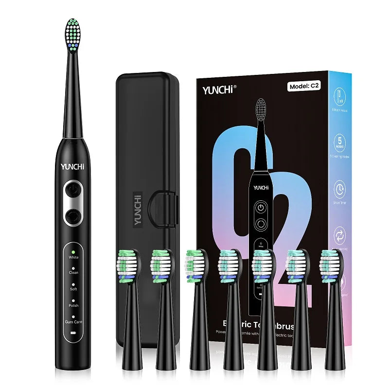 YUNCHI C2 Sonic Electric Toothbrush – 5 Modes, USB-C, 8 Heads Sonic Electric Toothbrush SWANS Black