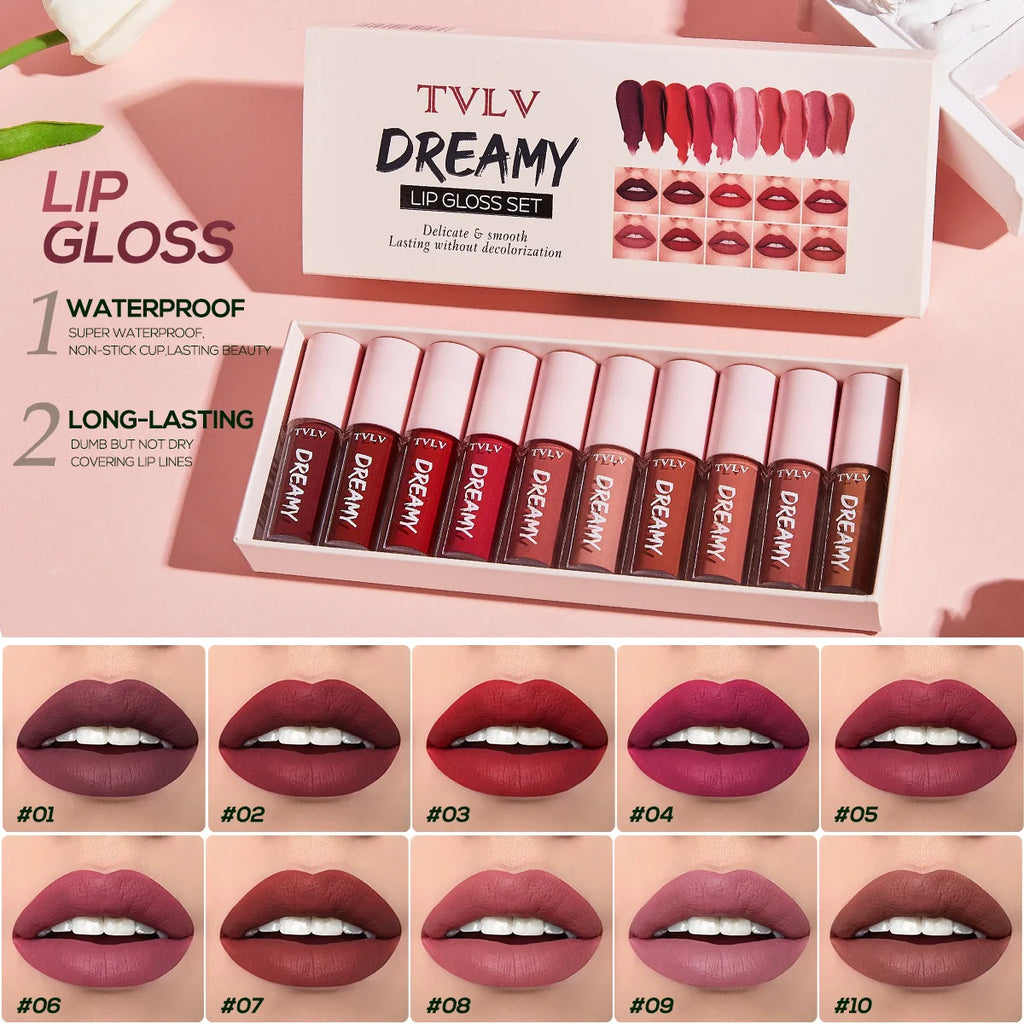 TVLV 10-Piece Matte Satin Lip Color Set – Waterproof Gift Box Lip Color Set SWANS