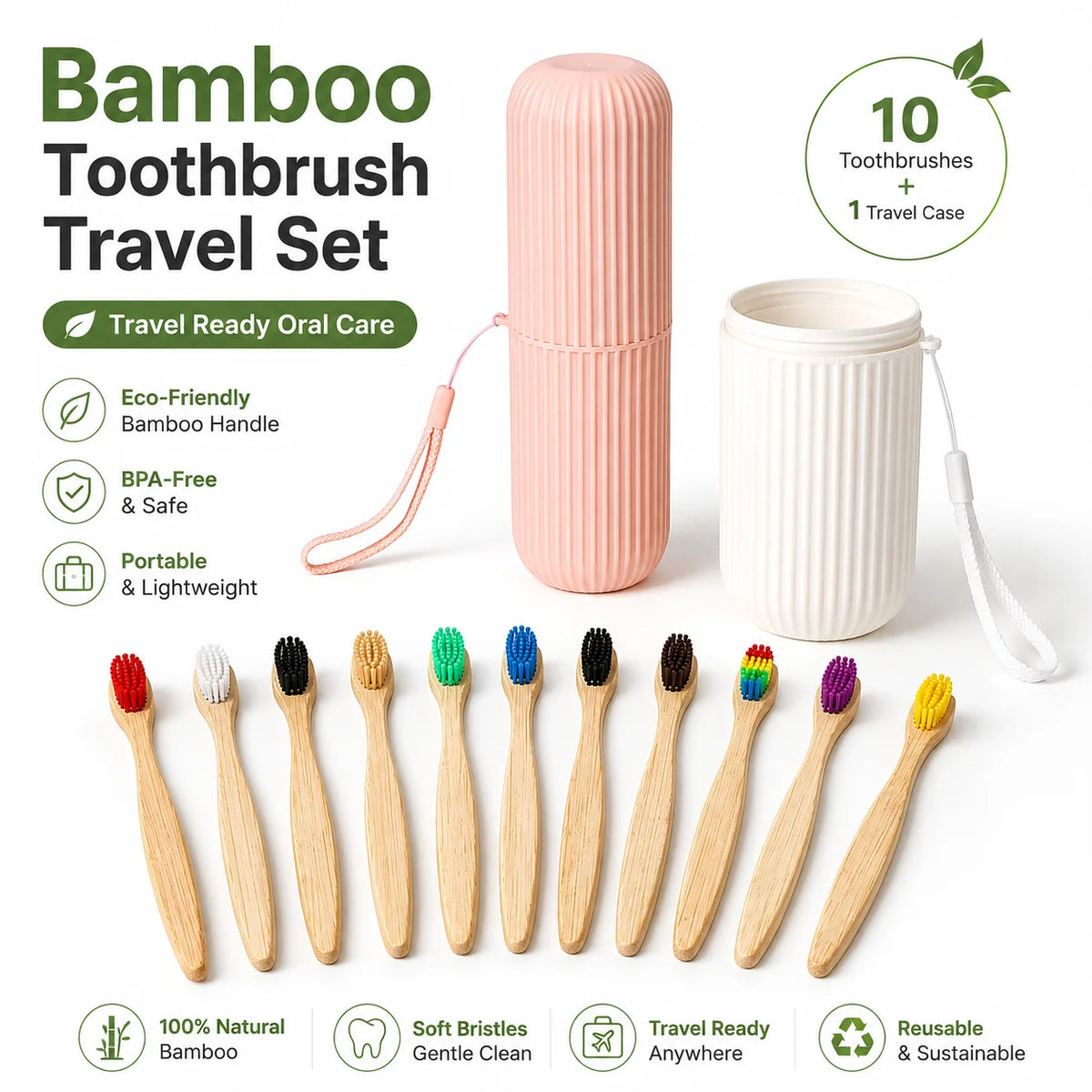 SWANS 10-Pack Bamboo Toothbrushes & Travel Cup – Soft Rainbow Bamboo Toothbrush Set SWANS