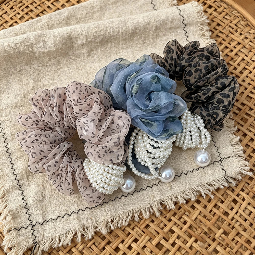 Vintage Leopard Organza Hair Scrunchie – Pearl Bead Tassel Hair Scrunchie SWANS