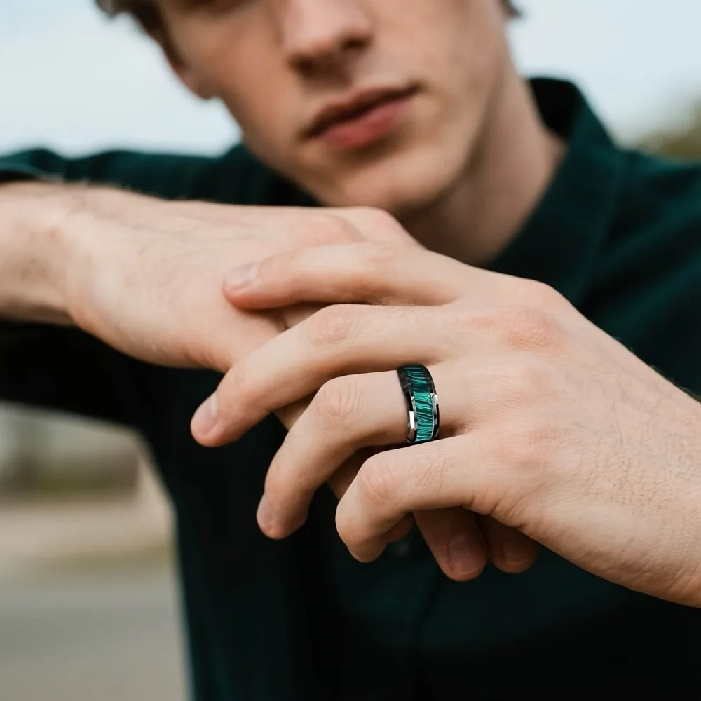 8MM Peacock Stone Inlay Men's Stainless Steel Ring – Silver Men's Fashion Ring SWANS