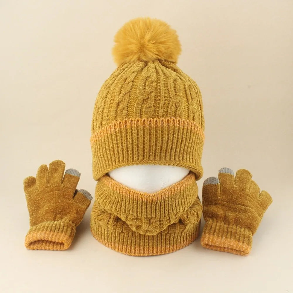 Kids Winter Knit Hat Scarf & Gloves Set – Warm 3-Piece Kids Winter Accessory Set SWANS Yellow 48-53CM
