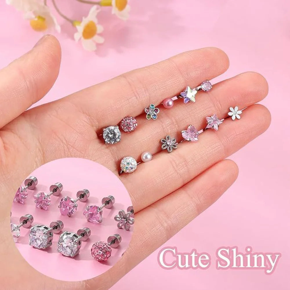 SWANS 10-Pair Hypoallergenic CZ Screw Back Earrings for Kids CZ Stud Earrings Set SWANS