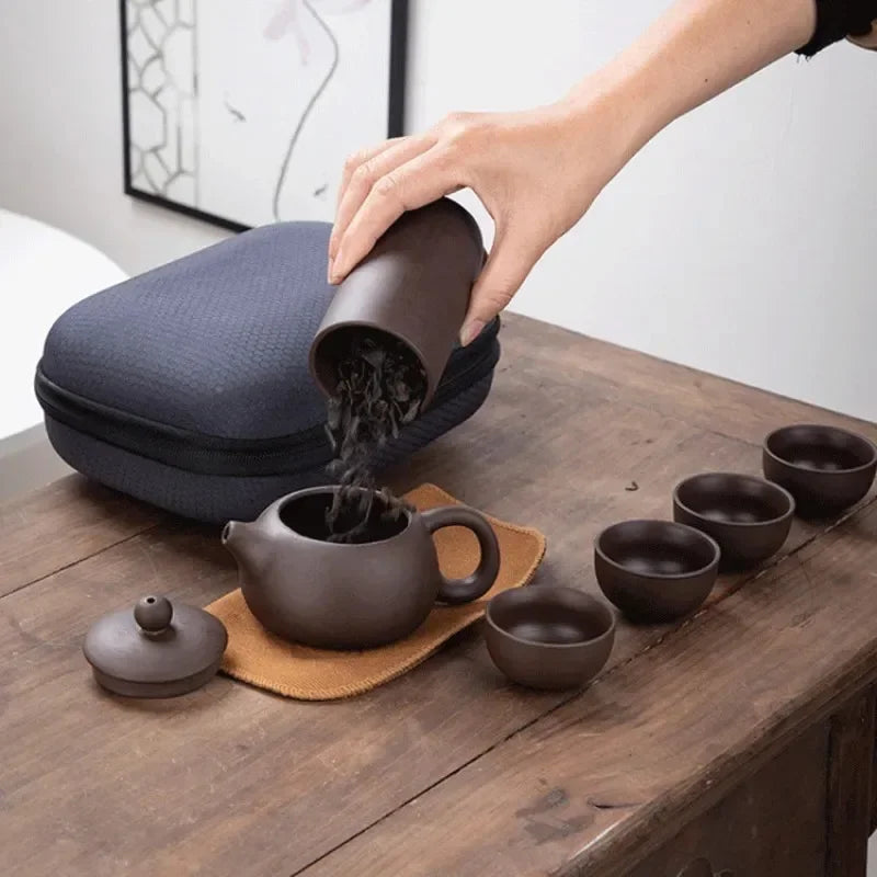 Yixing Purple Clay Travel Tea Set – Teapot & 4 Cups Travel Tea Set SWANS