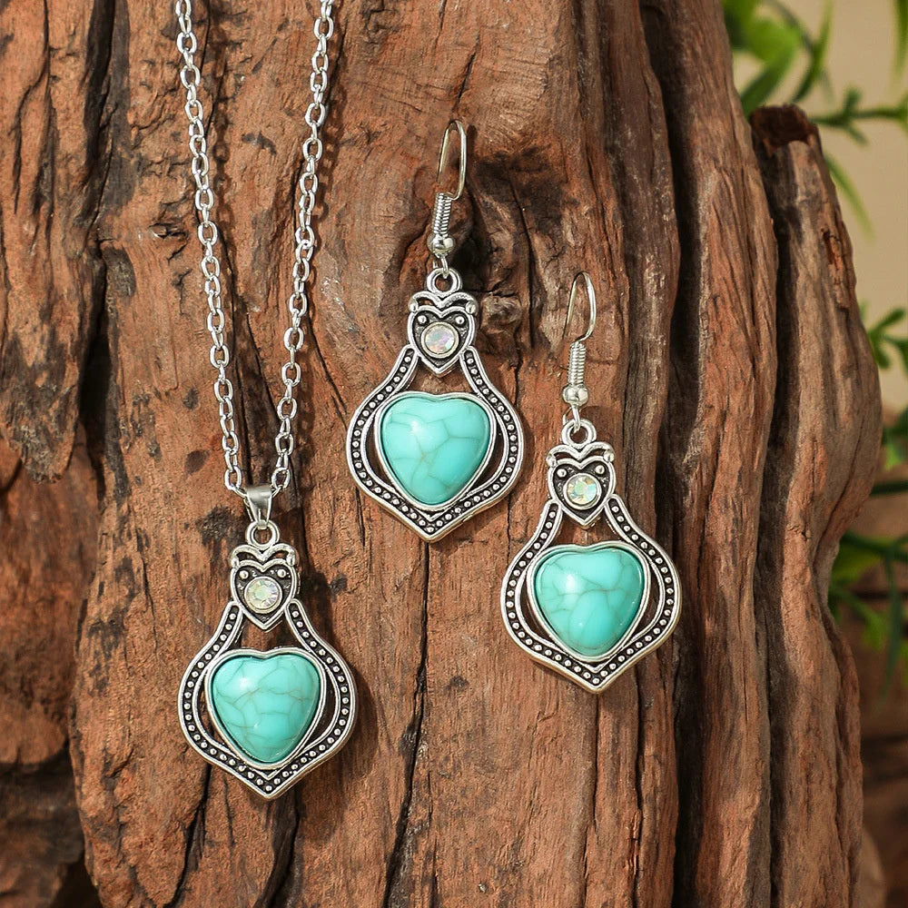 Vintage Turquoise Earrings & Necklace Set – Bohemian Jewelry Jewelry Set SWANS Style 1