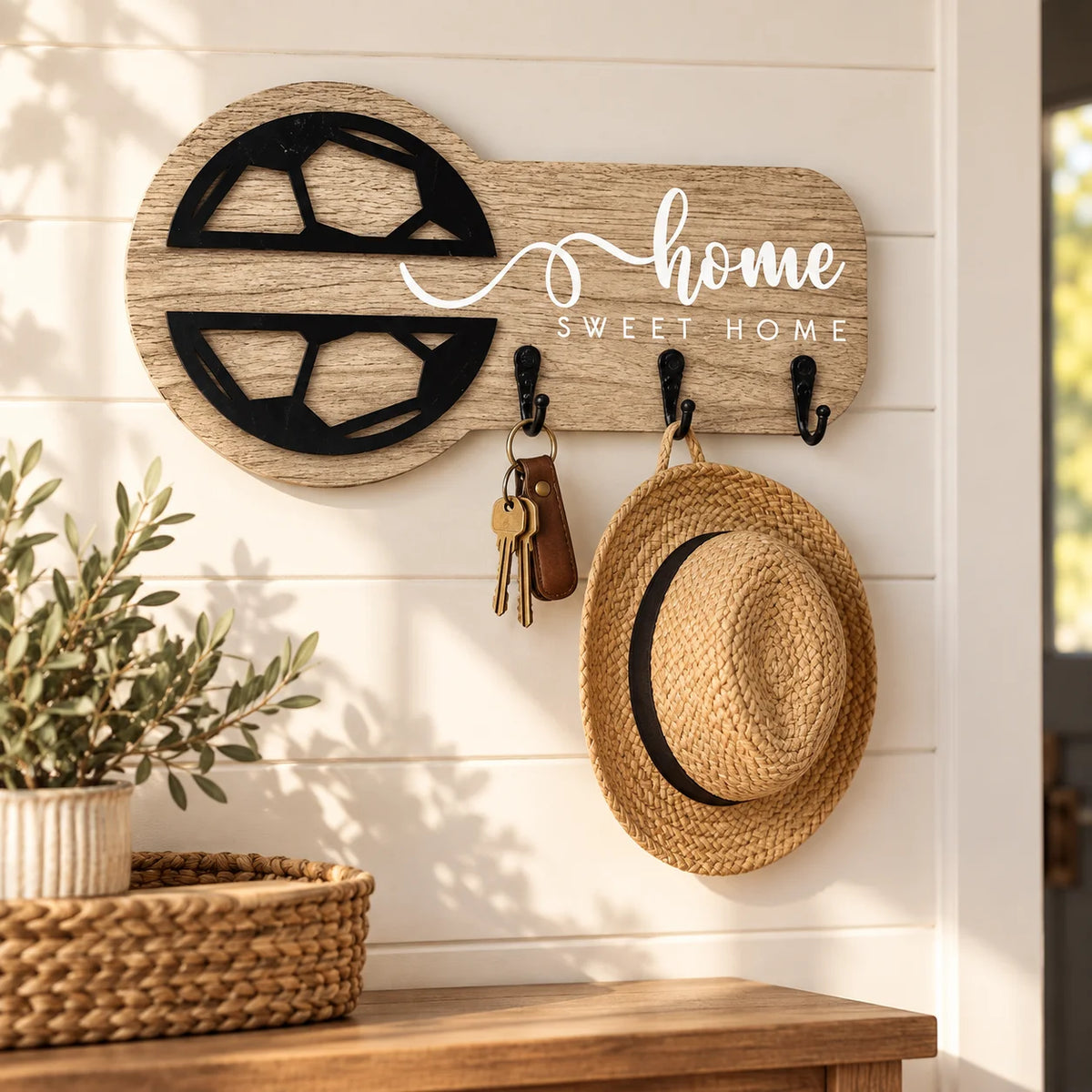 SWANS Wooden Key Holder Wall Rack – 3 Hooks Key-Shaped Decor Wall Key Rack SWANS