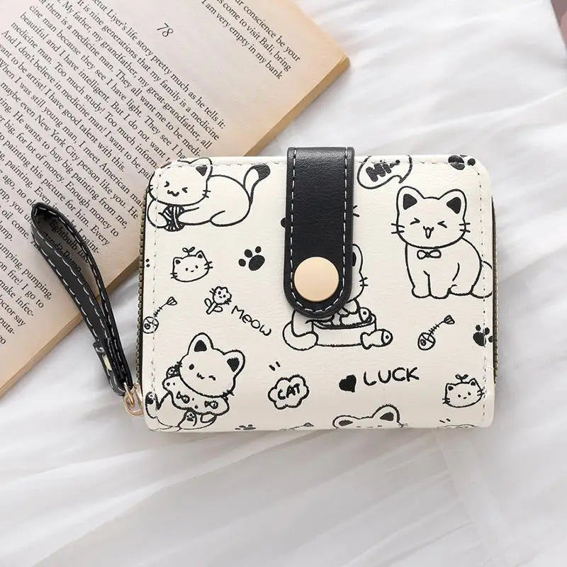 Lovely Cat PU Leather Folding Wallet – Women's Zipper Purse Folding Zipper Wallet SWANS Black