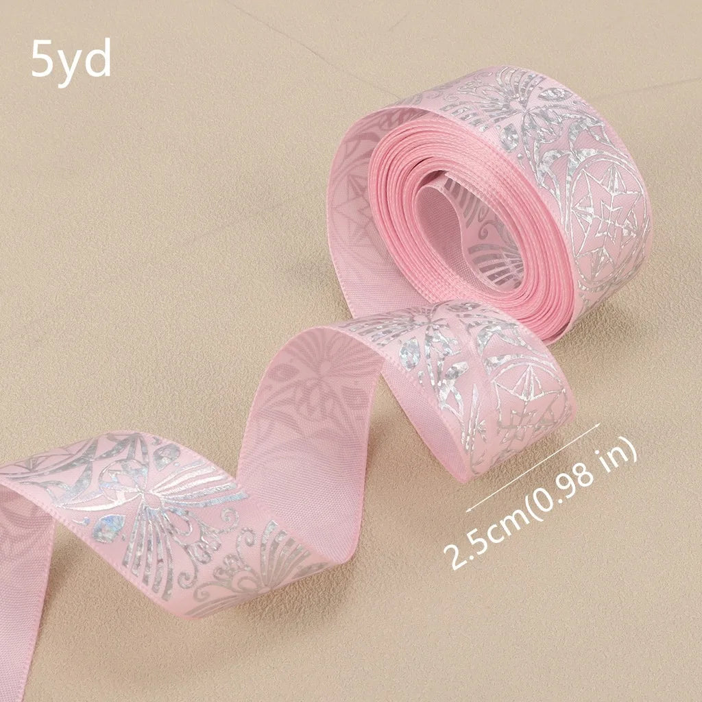 Satin Ribbon Silver Printed Octagon – 5 Yards, 5 Colors Decorative Craft Ribbon SWANS Pink
