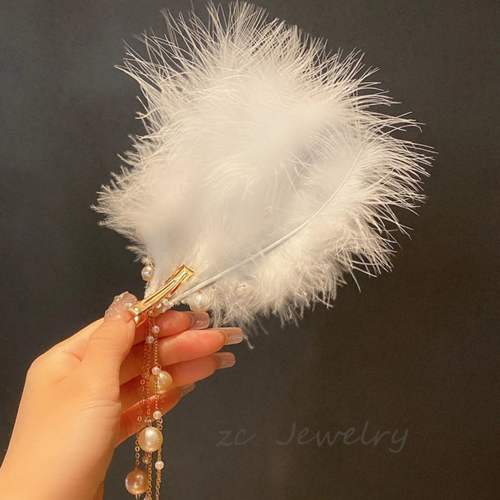White Feather Hair Clip – Faux Pearl Tassel Bridal Barrette Bridal Hair Barrette SWANS