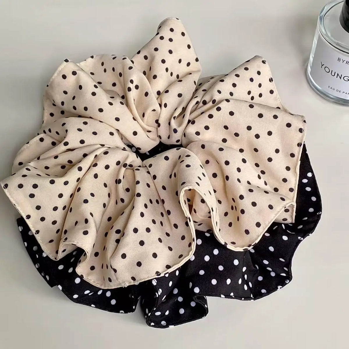Vintage Polka Dot Chiffon Scrunchie – Large Retro Hair Tie Chiffon Hair Scrunchie SWANS
