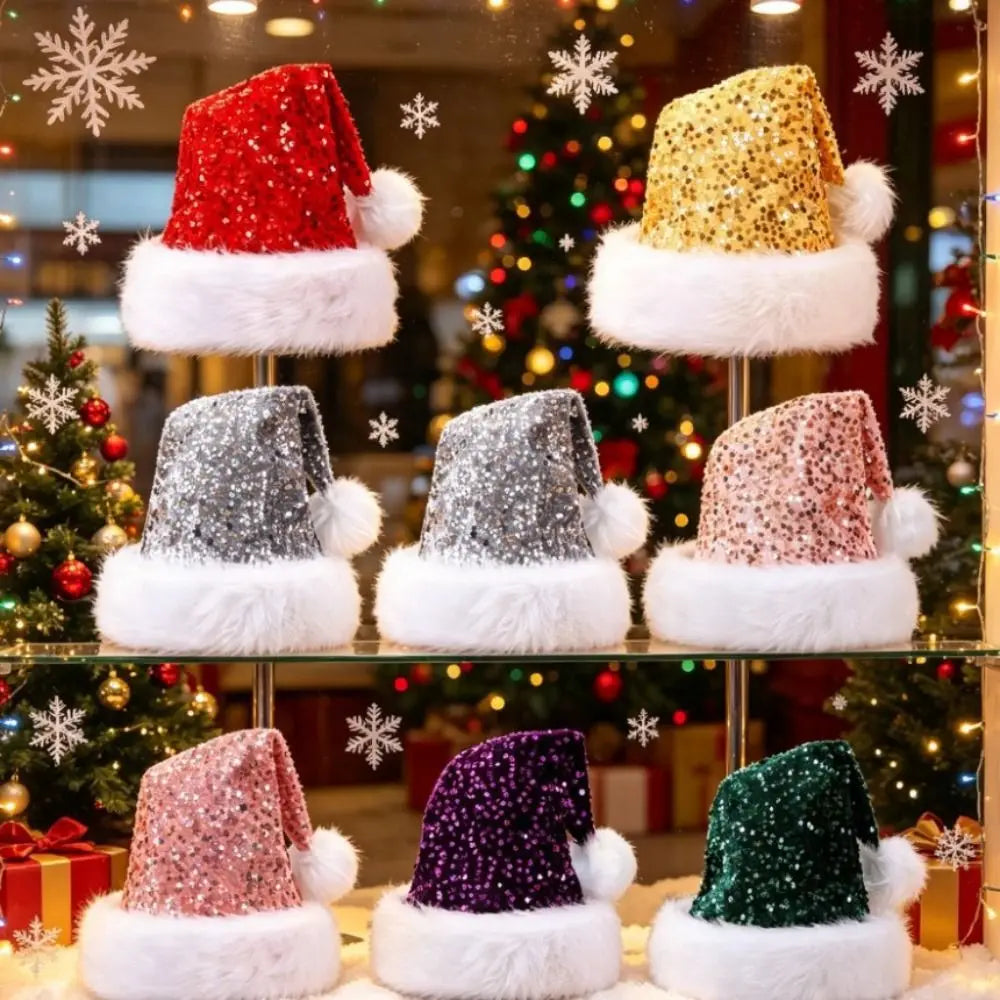 Sequin Christmas Hat – Soft Plush Fluffy Pompom Festive Cap Festive Party Hat SWANS