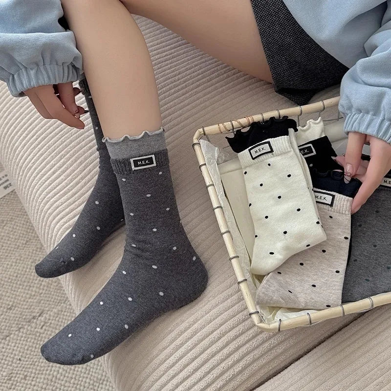 Women's Frilly Dot Cotton Socks – Soft Breathable Preppy Style Women's Fashion Socks SWANS