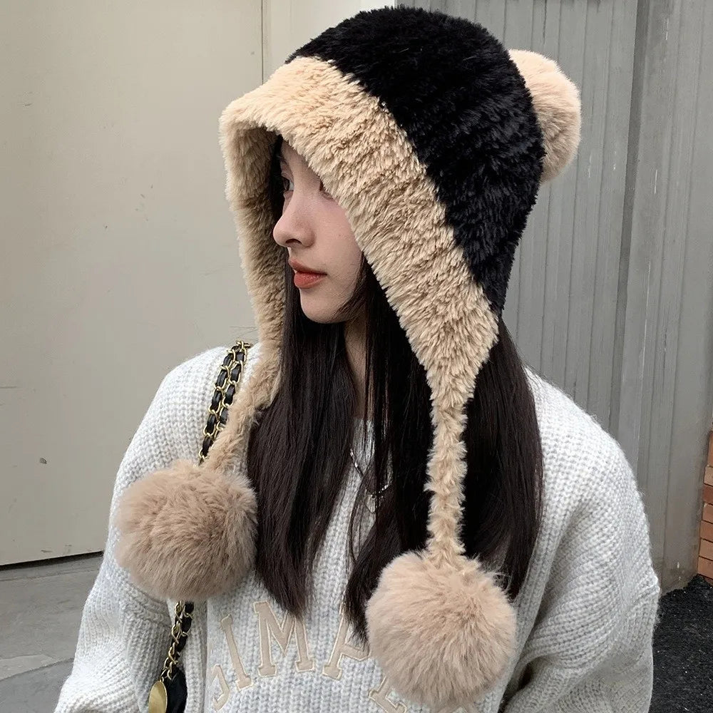 Windproof Knitted Pompom Beanie Hat – Women's Winter Cap Knitted Beanie Hat SWANS Black