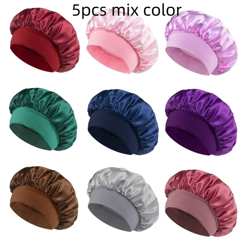 Satin Sleep Bonnet for Natural Curly Hair – Women's Silk Cap Satin Sleep Bonnet SWANS 5pcs mix color