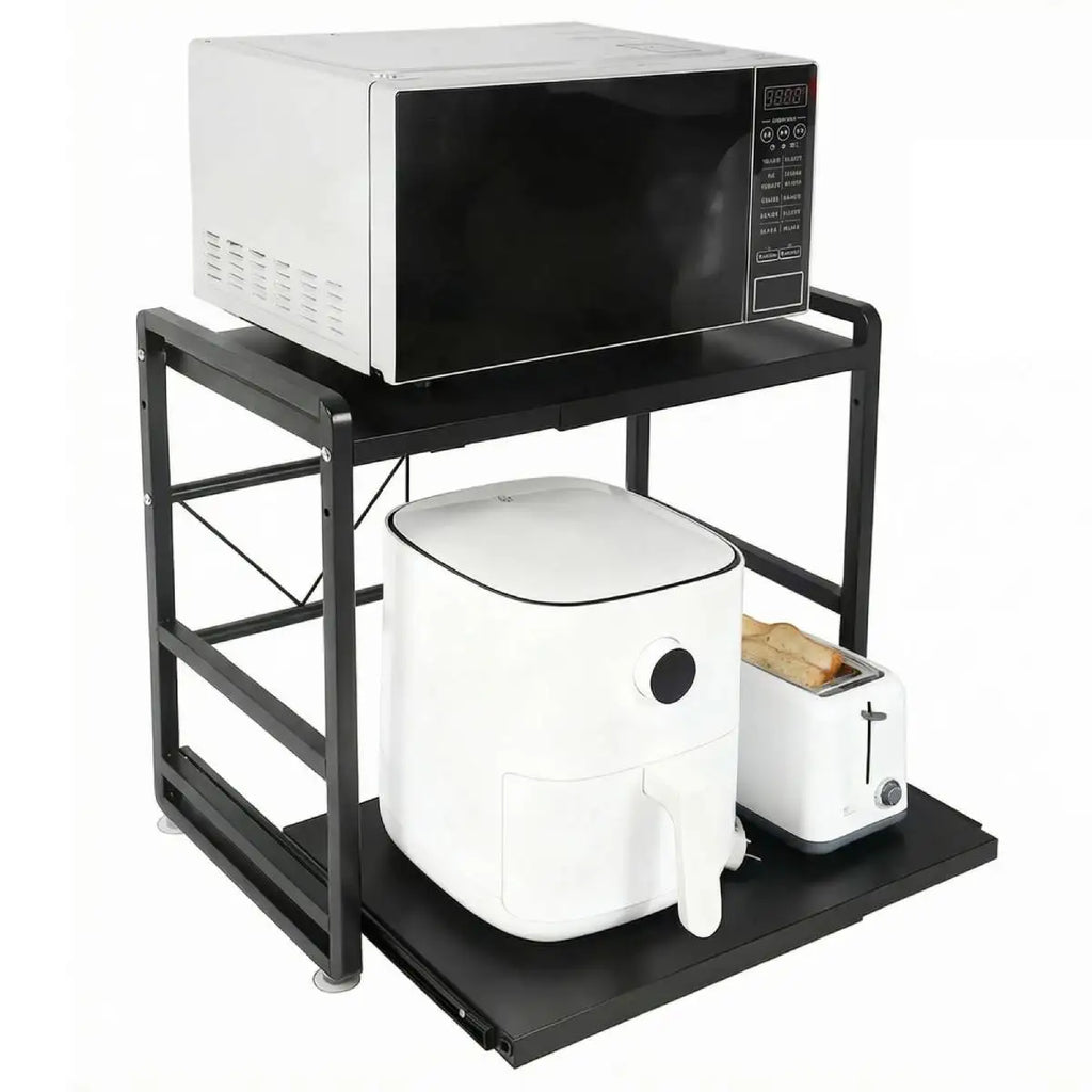 Expandable 2-Tier Microwave Rack Shelf with Hooks & Suction Cups Kitchen Shelf Rack SWANS black