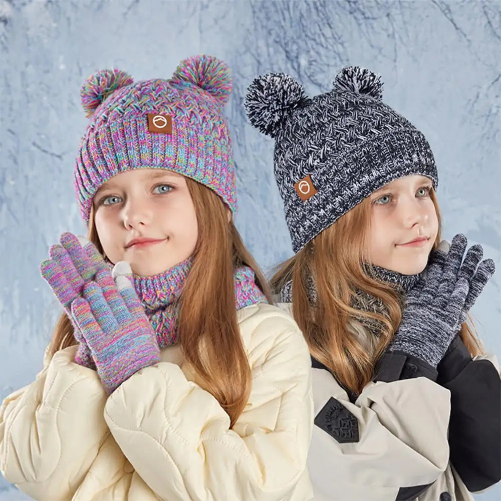 Kids Winter Hat Gloves & Scarf Set – Knit Beanie with Pom Kids Winter Accessory Set SWANS