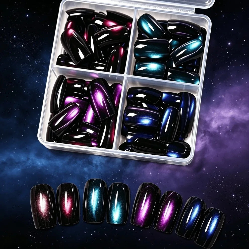 96-Pack Cat Eye Press On Nails – French Glitter Square Tips Press On Nails SWANS