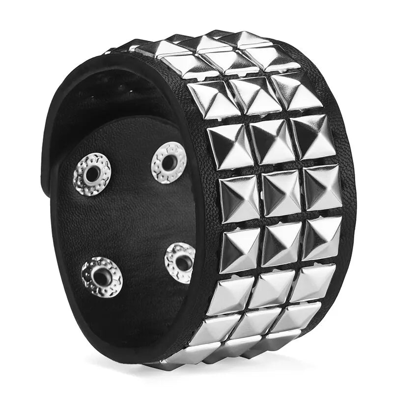 Y2K Punk Pyramid Rivet PU Wrist Strap Bracelet – Unisex Punk Wrist Bracelet SWANS Three row 23cm