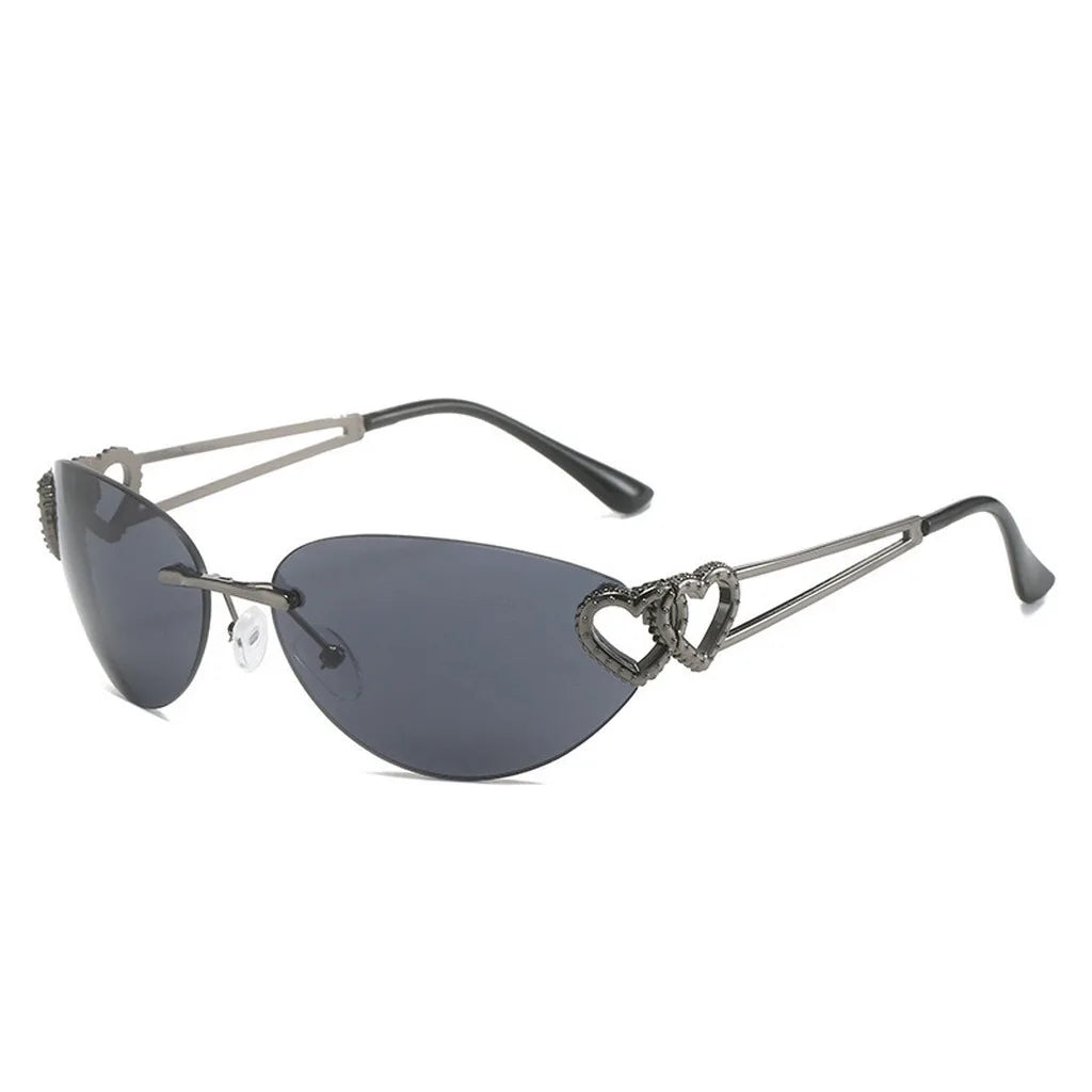 Women's Y2K Rimless Cat Eye Sunglasses UV400 | Heart Detail Fashion Sunglasses SWANS Gunmetal Black Grey